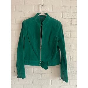 Ideology Green Leather Moto Jacket Women’s M Cropped Belted Emerald Teal